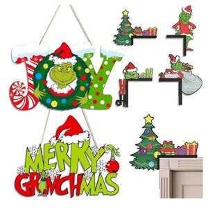 9Pcs 2Pcs Wooden Hanging Door Sign &4 Pack Wooden Corner Door Decorations Grinch